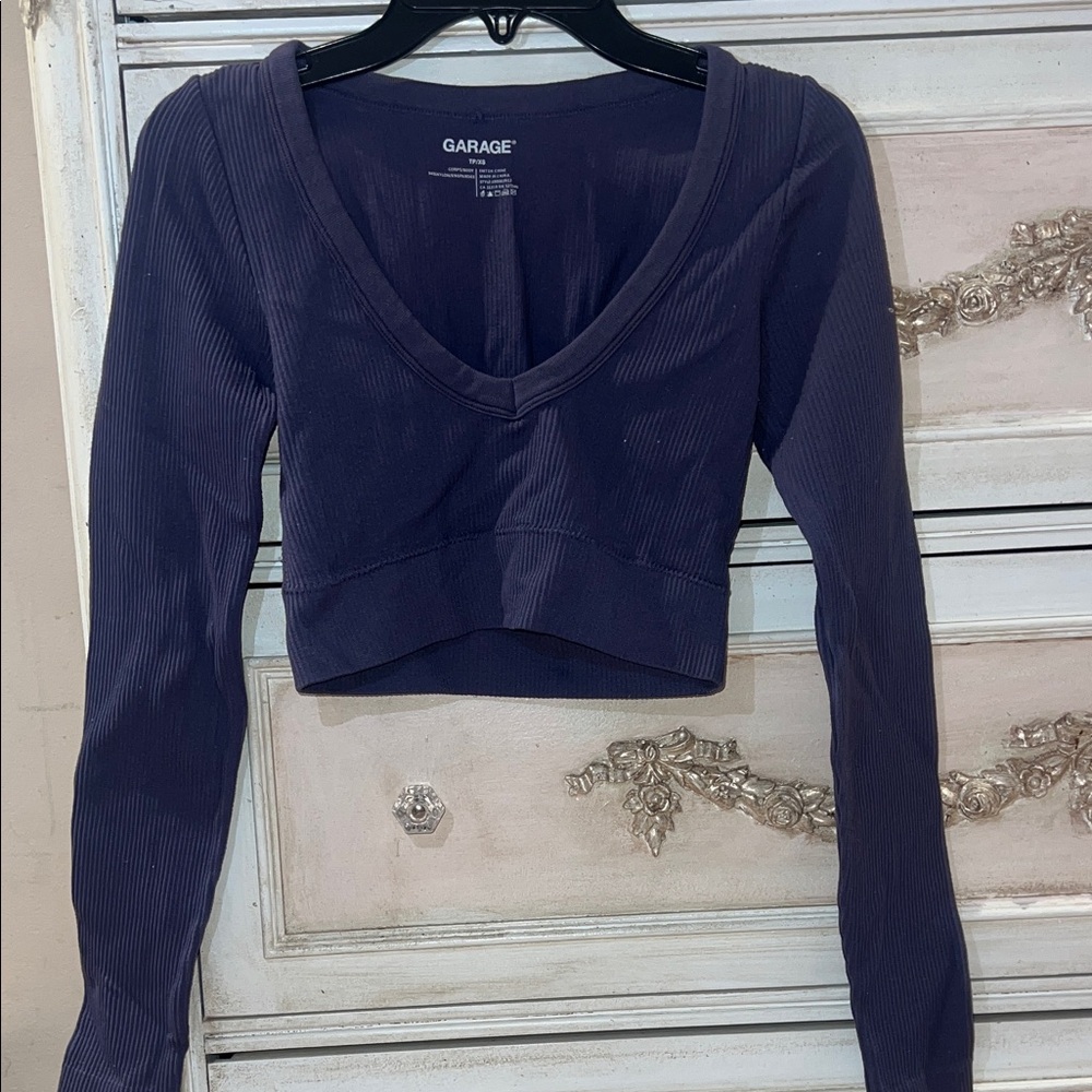 Garage Women's Deep Purple V-Neck Crop Long sleeve Top XS